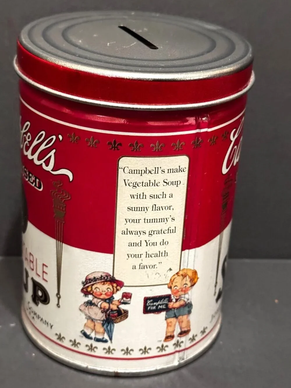 Campbell's Vegetable Soup Tin Canister Bank ft. Campbells Kids Vintage ca. 1997